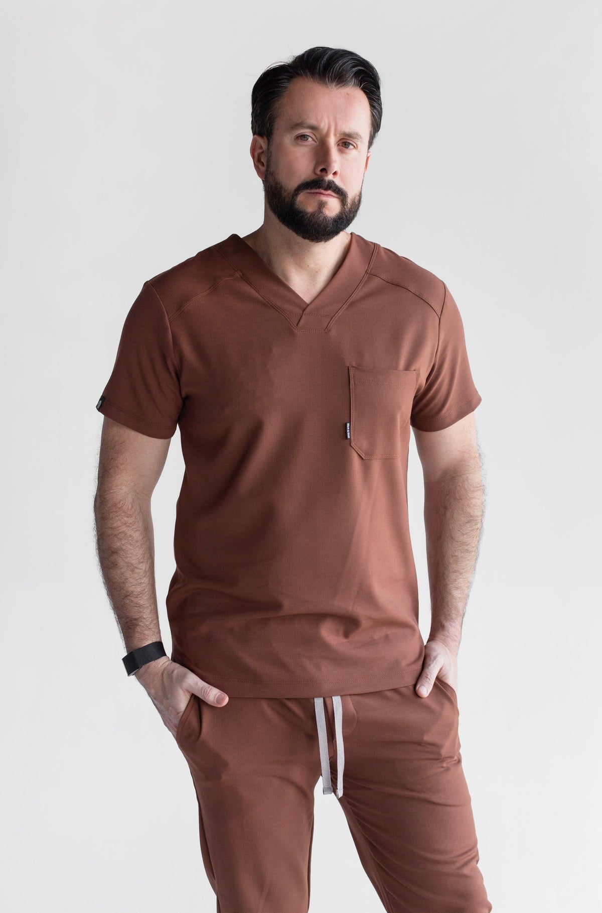Man wearing Fresh Cocoa Scrub Top by Work & Chill