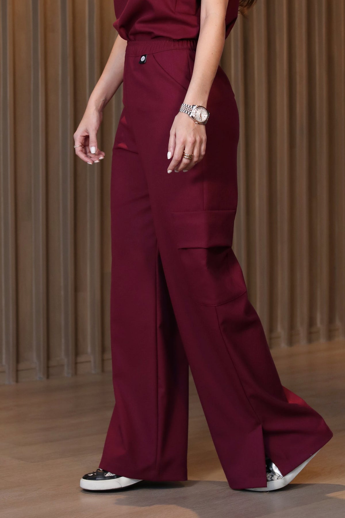 Front view of Kate Burgundy Scrub Pants showing the wide-leg fit
