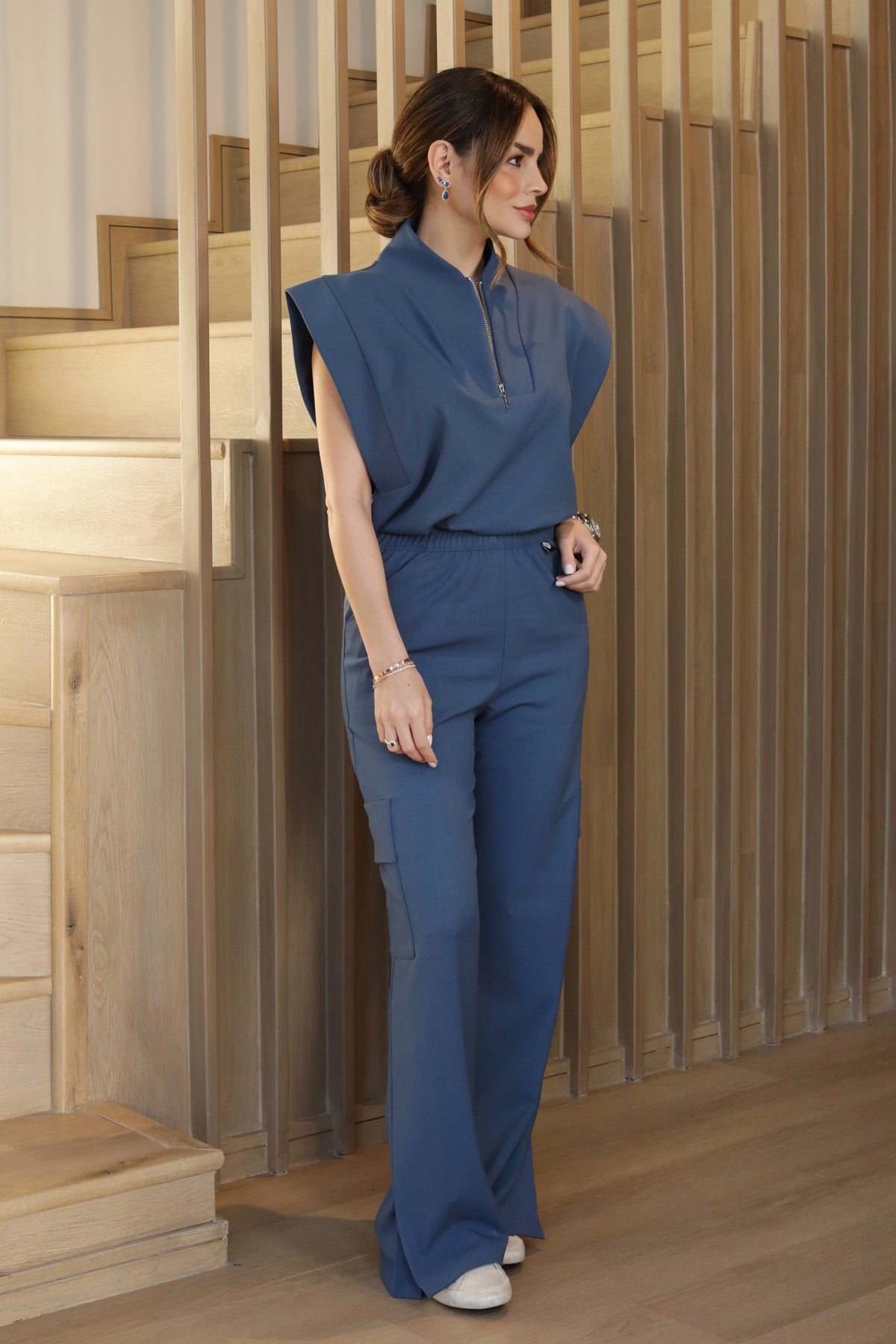 Kate Indigo Scrub Pants styled with the matching Kate Scrub Top