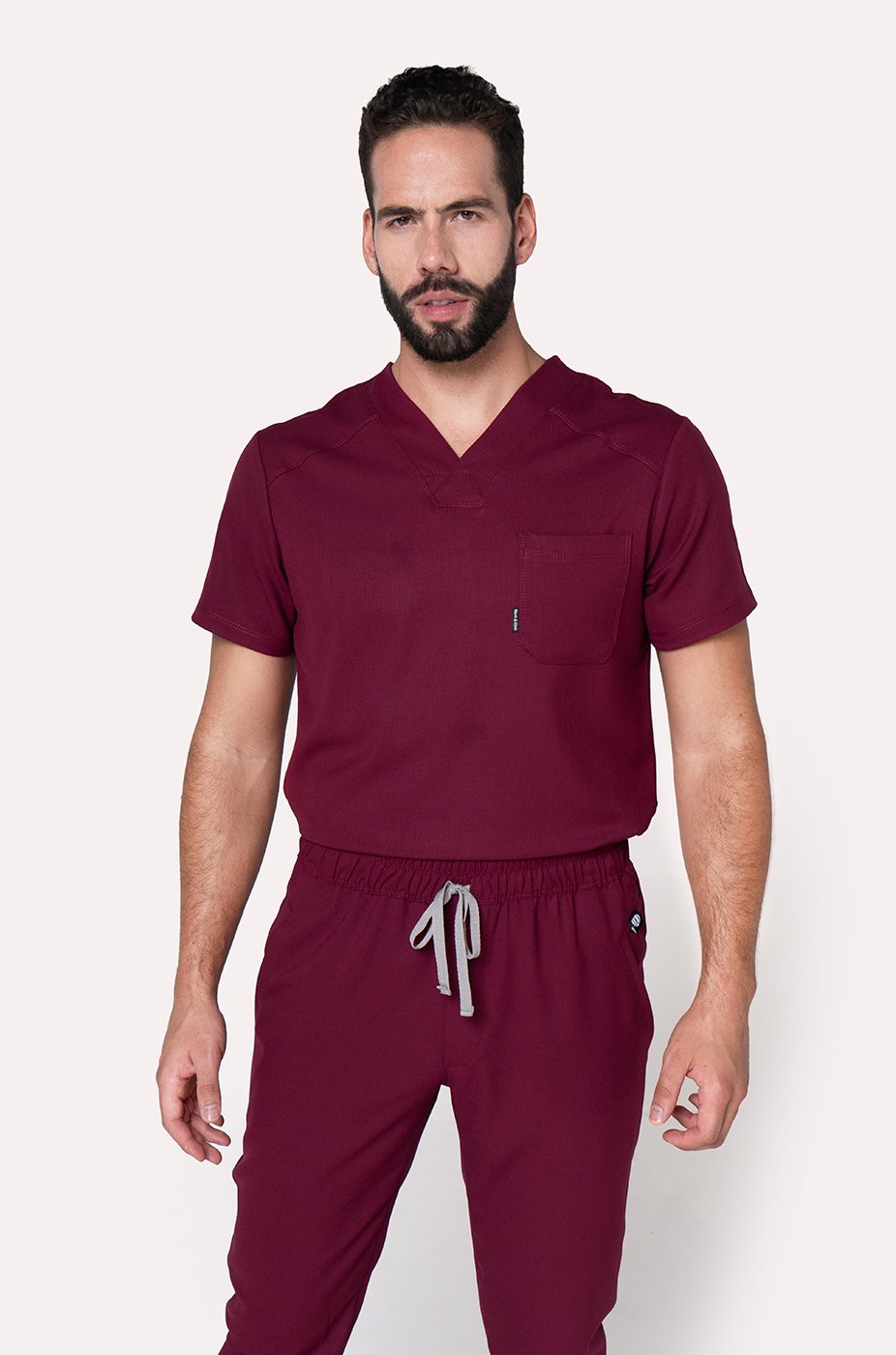 Front view of Fresh Burgundy Scrub Top showing the relaxed fit and V-neckline