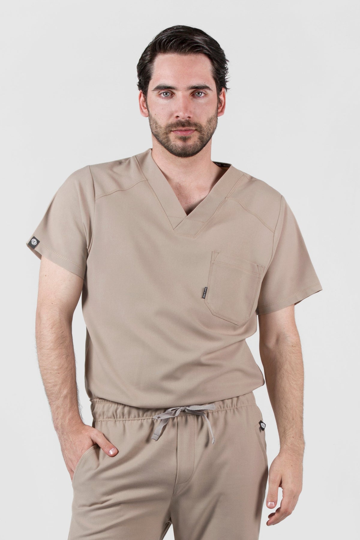 Model wearing Fresh Natural Scrub Top with matching Fresh Scrub Pants