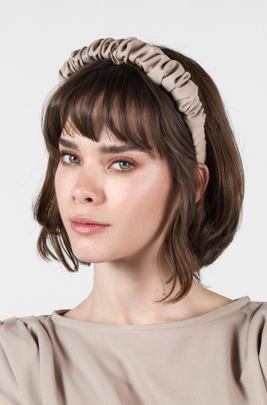 Woman wearing Natural Ruched Headband by Work & Chill